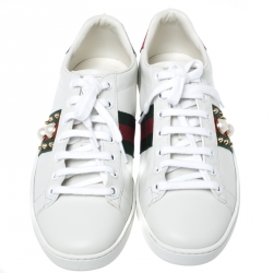 Gucci White Leather Python Trim Web Detail New Ace Faux Pearl Embellished Low Top Sneakers Size 38