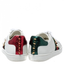 Gucci White Leather Python Trim Web Detail New Ace Faux Pearl Embellished Low Top Sneakers Size 38