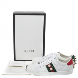 Gucci White Leather Python Trim Web Detail New Ace Faux Pearl Embellished Low Top Sneakers Size 38