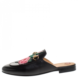 Pre Owned حذاء مولز غوتشي Princetown جلد مطرز زهور أسود مقاس 38.5