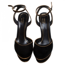 Pre Owned Gucci Black/Gold Suede Huston Ankle Strap Platform Sandals Size 38