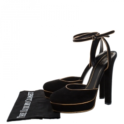 Pre Owned Gucci Black/Gold Suede Huston Ankle Strap Platform Sandals Size 38