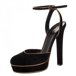 Pre Owned Gucci Black/Gold Suede Huston Ankle Strap Platform Sandals Size 38
