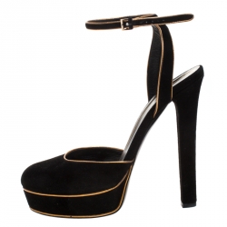 Pre Owned Gucci Black/Gold Suede Huston Ankle Strap Platform Sandals Size 38