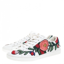 Gucci White Floral Embroidered Leather Ace Low Top Sneakers Size 39