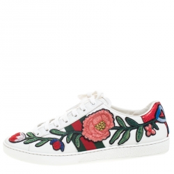 Gucci White Floral Embroidered Leather Ace Low Top Sneakers Size 39