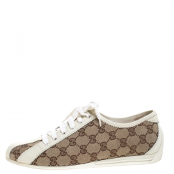 Pre Owned حذاء رياضي غوتشي جلد أبيض وكانفاس غوتشيسيما بيج مقاس 39