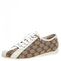 Pre Owned حذاء رياضي غوتشي جلد أبيض وكانفاس غوتشيسيما بيج مقاس 39