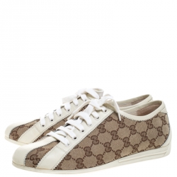 Pre Owned حذاء رياضي غوتشي جلد أبيض وكانفاس غوتشيسيما بيج مقاس 39