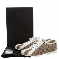 Pre Owned حذاء رياضي غوتشي جلد أبيض وكانفاس غوتشيسيما بيج مقاس 39