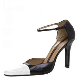 Pre Owned Gucci Black/White Leather Ankle Strap Pumps Size 38