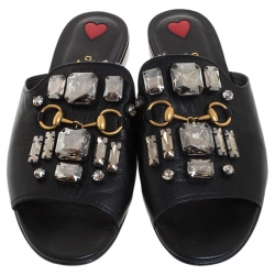 Pre Owned Gucci Black Leather Julie Faceted Open Toe Flat Size 37