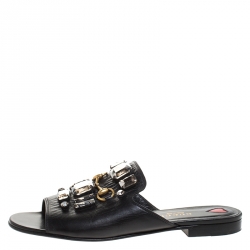 Pre Owned Gucci Black Leather Julie Faceted Open Toe Flat Size 37