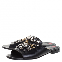 Pre Owned Gucci Black Leather Julie Faceted Open Toe Flat Size 37