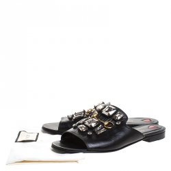 Pre Owned Gucci Black Leather Julie Faceted Open Toe Flat Size 37