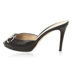 Pre Owned Gucci Black Leather Horsebit Slides Size 37.5