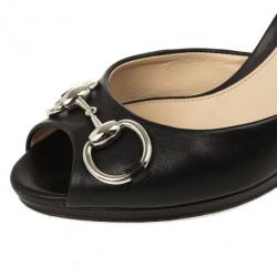 Pre Owned Gucci Black Leather Horsebit Slides Size 37.5