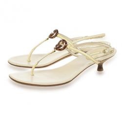 Gucci Cream Patent Brit Low Heel Thong Sandals Size 37.5