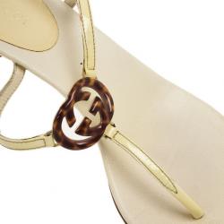 Gucci Cream Patent Brit Low Heel Thong Sandals Size 37.5