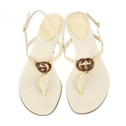 Gucci Cream Patent Brit Low Heel Thong Sandals Size 37.5