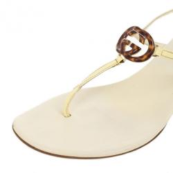 Gucci Cream Patent Brit Low Heel Thong Sandals Size 37.5