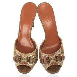 Pre Owned Gucci Bamboo Horsebit Tweed Kitty Slides Size 37.5