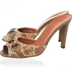 Pre Owned Gucci Bamboo Horsebit Tweed Kitty Slides Size 37.5