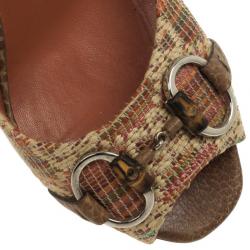 Pre Owned Gucci Bamboo Horsebit Tweed Kitty Slides Size 37.5
