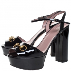 Pre Owned Gucci Black Patent Leather Claudie Horsebit Peep Toe Platform Sandals Size 40