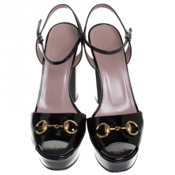 Pre Owned Gucci Black Patent Leather Claudie Horsebit Peep Toe Platform Sandals Size 40
