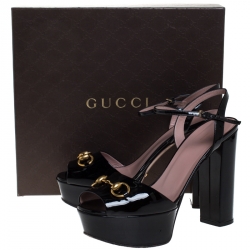 Pre Owned Gucci Black Patent Leather Claudie Horsebit Peep Toe Platform Sandals Size 40