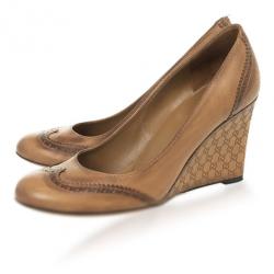 Pre Owned Gucci Tan Leather Johanna GG Wedges Size 38.5