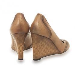 Pre Owned Gucci Tan Leather Johanna GG Wedges Size 38.5