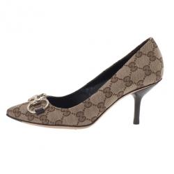 Pre Owned Gucci Beige Guccissima Canvas Horsebit Pointed Toe Pumps Size 35.5