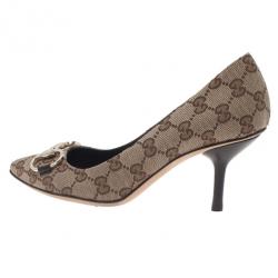 Pre Owned Gucci Beige Guccissima Canvas Horsebit Pointed Toe Pumps Size 35.5