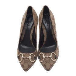 Pre Owned Gucci Beige Guccissima Canvas Horsebit Pointed Toe Pumps Size 35.5