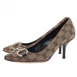 Pre Owned Gucci Beige Guccissima Canvas Horsebit Pointed Toe Pumps Size 35.5
