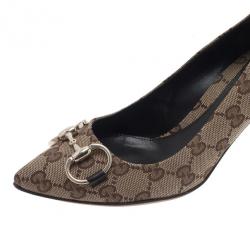 Pre Owned Gucci Beige Guccissima Canvas Horsebit Pointed Toe Pumps Size 35.5