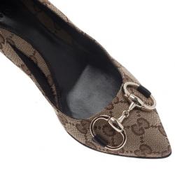 Pre Owned Gucci Beige Guccissima Canvas Horsebit Pointed Toe Pumps Size 35.5