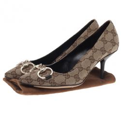 Pre Owned Gucci Beige Guccissima Canvas Horsebit Pointed Toe Pumps Size 35.5