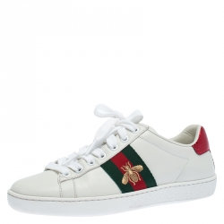 مملوكة مسبقًا Gucci White Leather Ace Embroidered Bee Low Top Sneakers Size 35