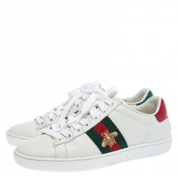 مملوكة مسبقًا Gucci White Leather Ace Embroidered Bee Low Top Sneakers Size 35