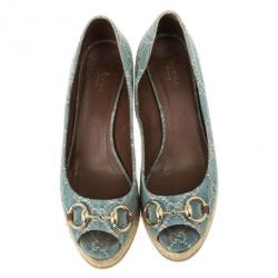 مملوكة مسبقًا Gucci Blue GG Denim Horsebit Charlotte Espadrille Wedges Size 39