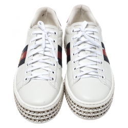 Pre Owned حذاء رياضي غوتشي نعل سميك مزخرف كريستال New Ace تفاصيل ويب نحلة وجلد أبيض مقاس 37