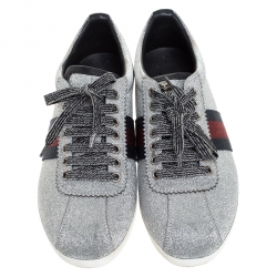 Gucci Metallic Silver Glitter Coated Fabric Bambi Web Detail Studded Low Top Sneakers Size 38.5