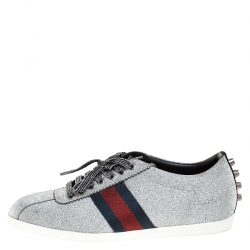 Gucci Metallic Silver Glitter Coated Fabric Bambi Web Detail Studded Low Top Sneakers Size 38.5