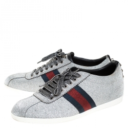 Gucci Metallic Silver Glitter Coated Fabric Bambi Web Detail Studded Low Top Sneakers Size 38.5