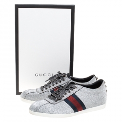 Gucci Metallic Silver Glitter Coated Fabric Bambi Web Detail Studded Low Top Sneakers Size 38.5