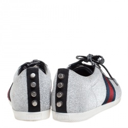 Gucci Metallic Silver Glitter Coated Fabric Bambi Web Detail Studded Low Top Sneakers Size 38.5