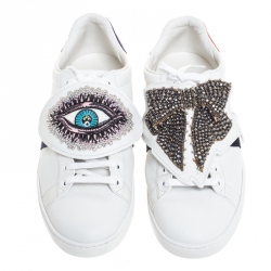 مملوكة مسبقًا حذاء رياضي غوتشي أربطة فيونكة كريستال Ace جلد أبيض مقاس 41